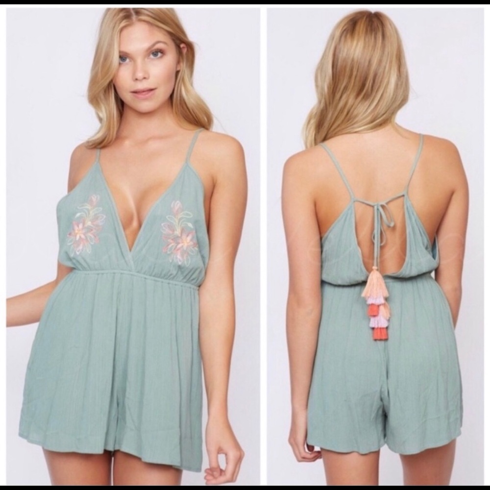 Sage embroidered tassel romper